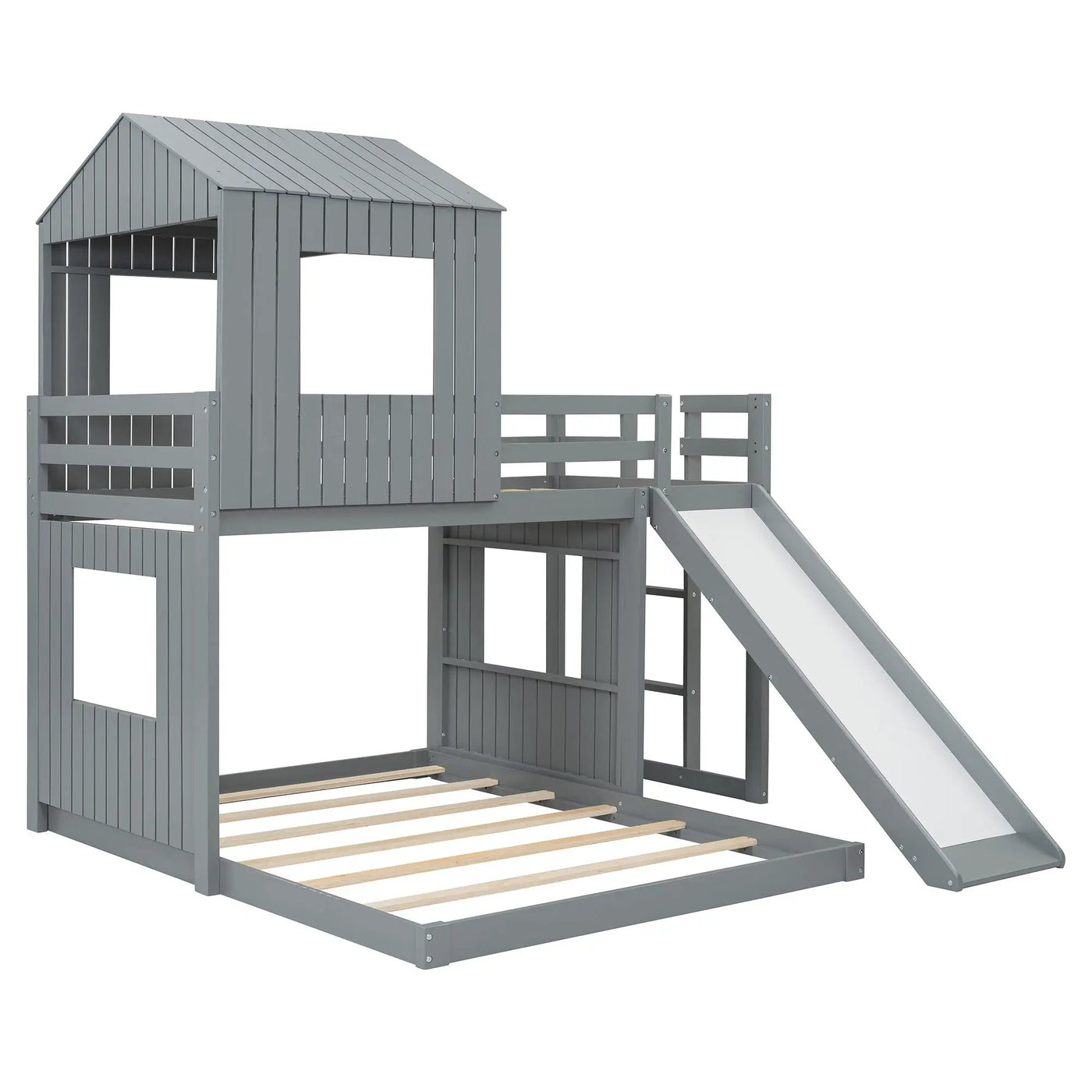 Loft Bunk Bed With Playhouse, Farmhouse, Ladder, Slide And Guardrails by HouseOfZazla