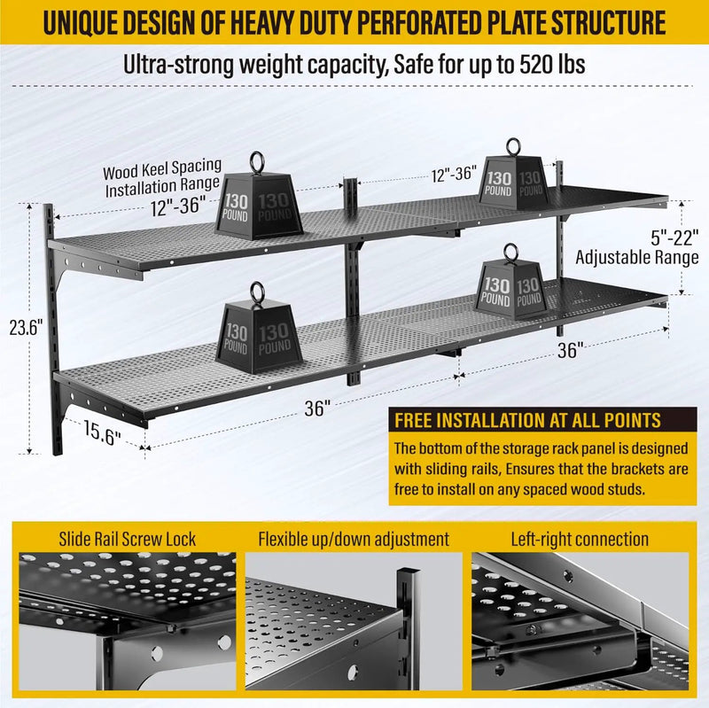 2-Pack×2 Tier 1.3x3ft Garage Shelving Wall Mounted, 800 lbs Load Capacity，15.6x36inch per Shelf Height Cassette Adjustable Floating Shelves（Total 4pcs）(Black) by GreenHaven Gardens