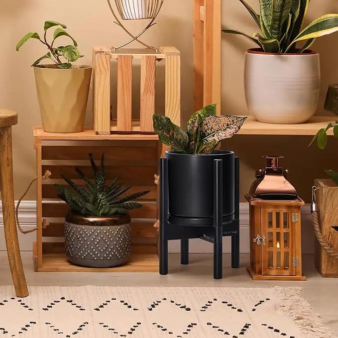 D'vine Dev Ceramic Planter with Ebony Stand - 8 Inch Modern Round Flower Pot with Wood Planter Holder, Black, 55-B-M-2