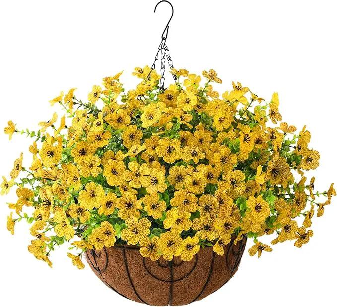 Artificial Faux Hanging Plants Flowers Basket Outdoor Indoor Patio Lawn Garden Spring Decor, Fake Silk Daisy in Basket with 12inch Coconut Lining Chain Palm Flowerpot(Yellow) by GreenHaven Gardens