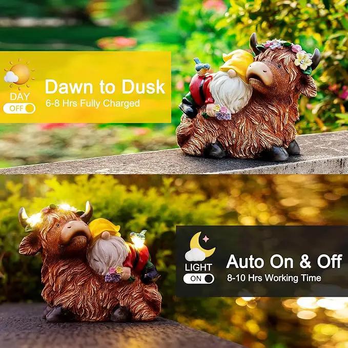 Garden Gnome Statue - Highland Cow with Solar Flower LED Lights and Bird - Funny Outdoor Decor for Table, Patio, Lawn - Unique Birthday Gifts for Mom, Women, and Christmas Decorations by GreenHaven Gardens