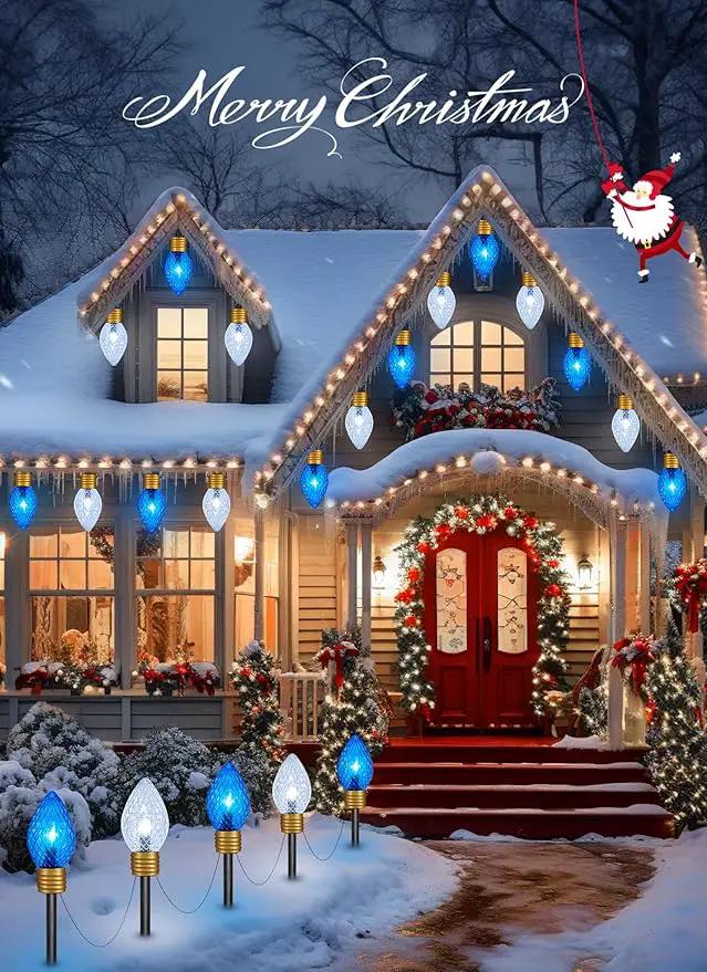 Moonflor Strawberry Jumbo C9 Christmas Pathway Lights Outdoor - 2Pack Total 17FT 10 LED C9 Walkway Light, Christmas Decoration Outside,Christmas Lights Outdoor for Lawn Yard Holiday, Blue & Pure White by GreenHaven Gardens