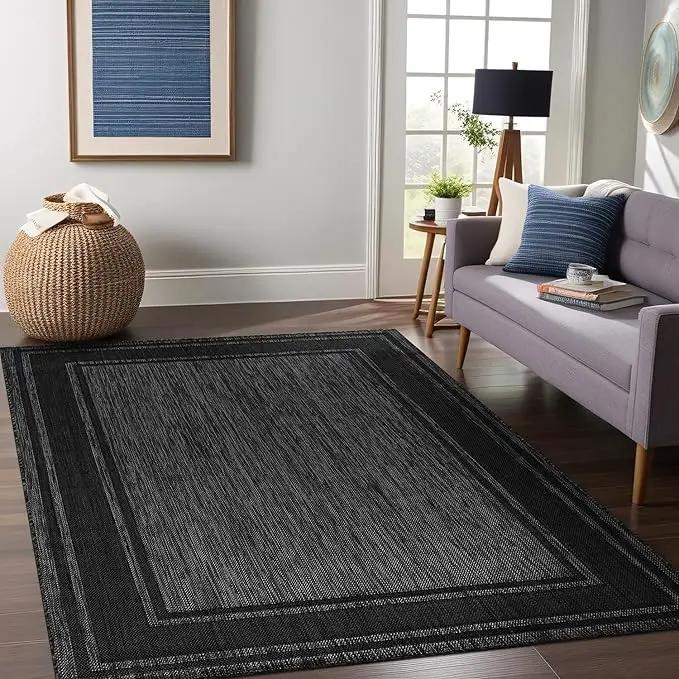 Beverly Rug Outdoor Rug 8x10 Modern Bordered Area Rugs for Indoor and Outdoor Patio Deck Porch Garden Waterproof Weather Sun Resistant Washable Outside Carpet (8 x 10 Black) by GreenHaven Gardens