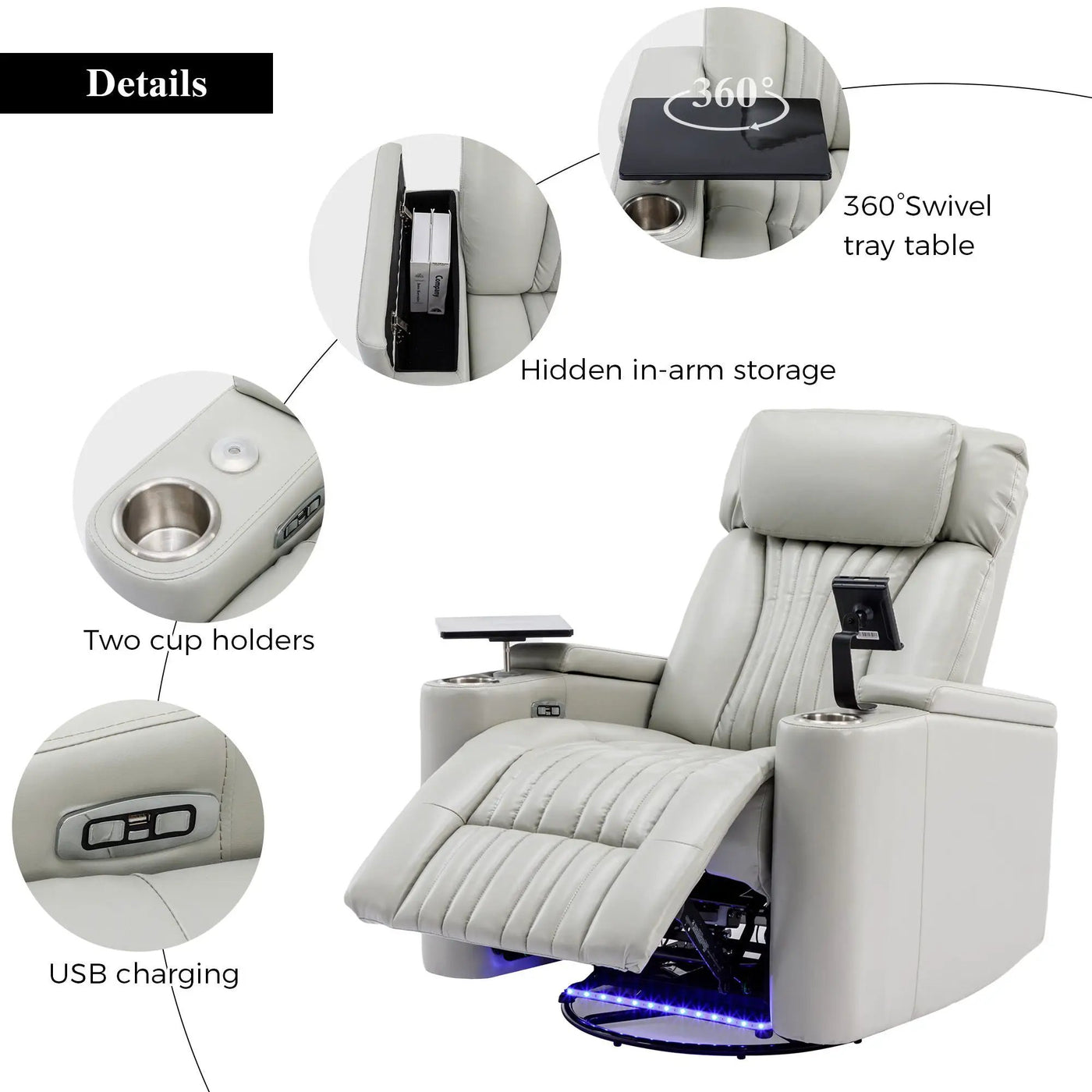 270° Power Swivel Recliner Home Theater Chair With Hidden Arm Storage, LED Light, Cup Holder, And Tray Table by Unique Piece Furniture