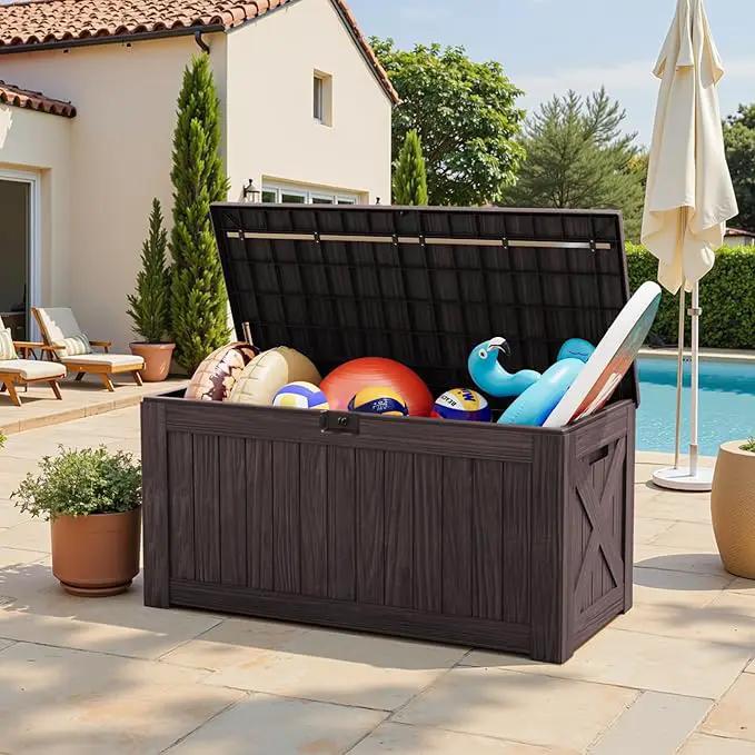 Greesum 120 Gallon Outdoor Storage Box with Lock - Large Resin Deck Box, Reinforced Lid for Garden, Patio, Lawn, Brown by GreenHaven Gardens