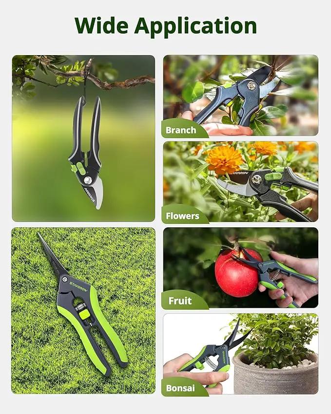 Pruning Shears for Gardening 2 Pack, 8.5" Bypass Garden Clippers and 6.5" Curved Gardening Shears, Pruners with Super Sharp Stainless Steel Blades, Safety Lock, Gardening Gifts for Men Women by GreenHaven Gardens