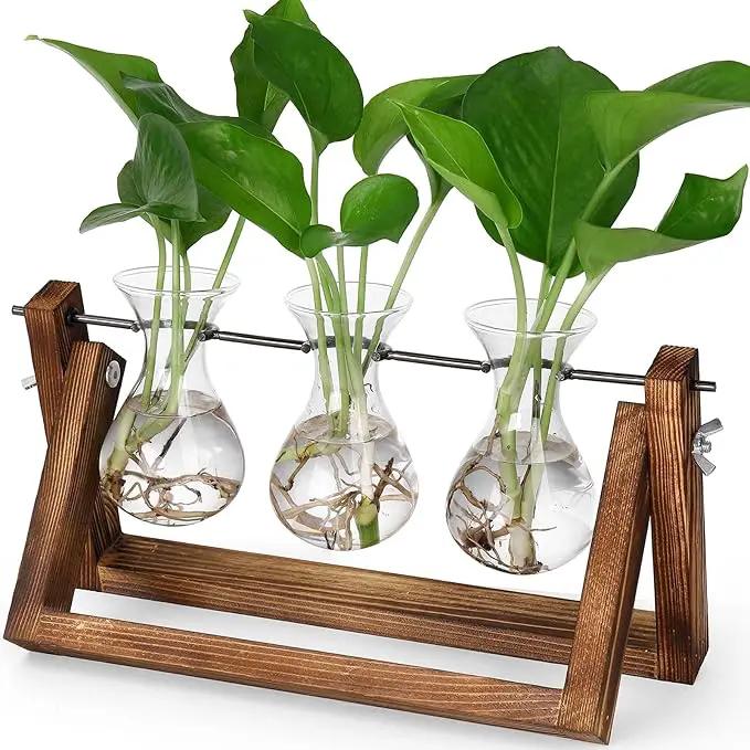 YIBOT Propagation Stations,Plant Terrarium with Retro Wooden Stand, Unique Gardening Birthday Gifts for Women Plant Lovers, Hydroponics Plants Home Office Garden Decor - 3 Bulb Glass Vases by GreenHaven Gardens