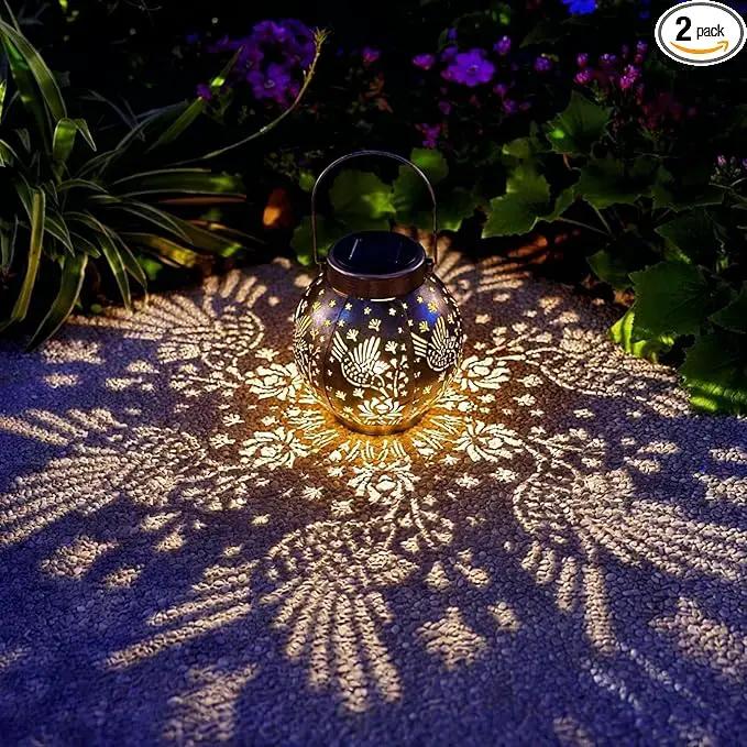 2 Pack Outdoor Solar Hanging Lantern Lights Metal LED Decorative Lamp for Garden Patio Courtyard Lawn and Table with Hollowed-Out Design (Bronze Hummingbird) by GreenHaven Gardens