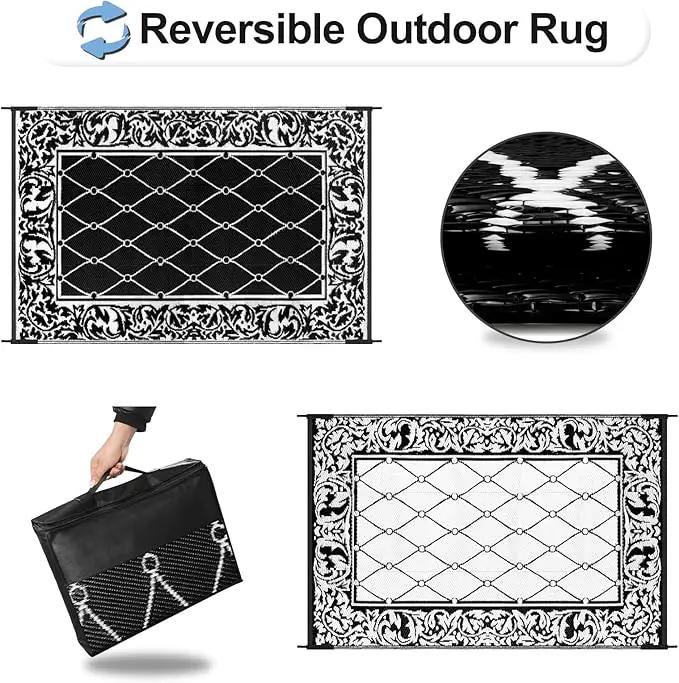 OutdoorLines Indoor Outdoor Rugs for Patio 4x6 ft - Reversible Outside Carpet, Stain & UV Resistant Portable RV Mats, Plastic Straw Rug for Camping, Pool Deck, Porch Rhombus Black & White by GreenHaven Gardens