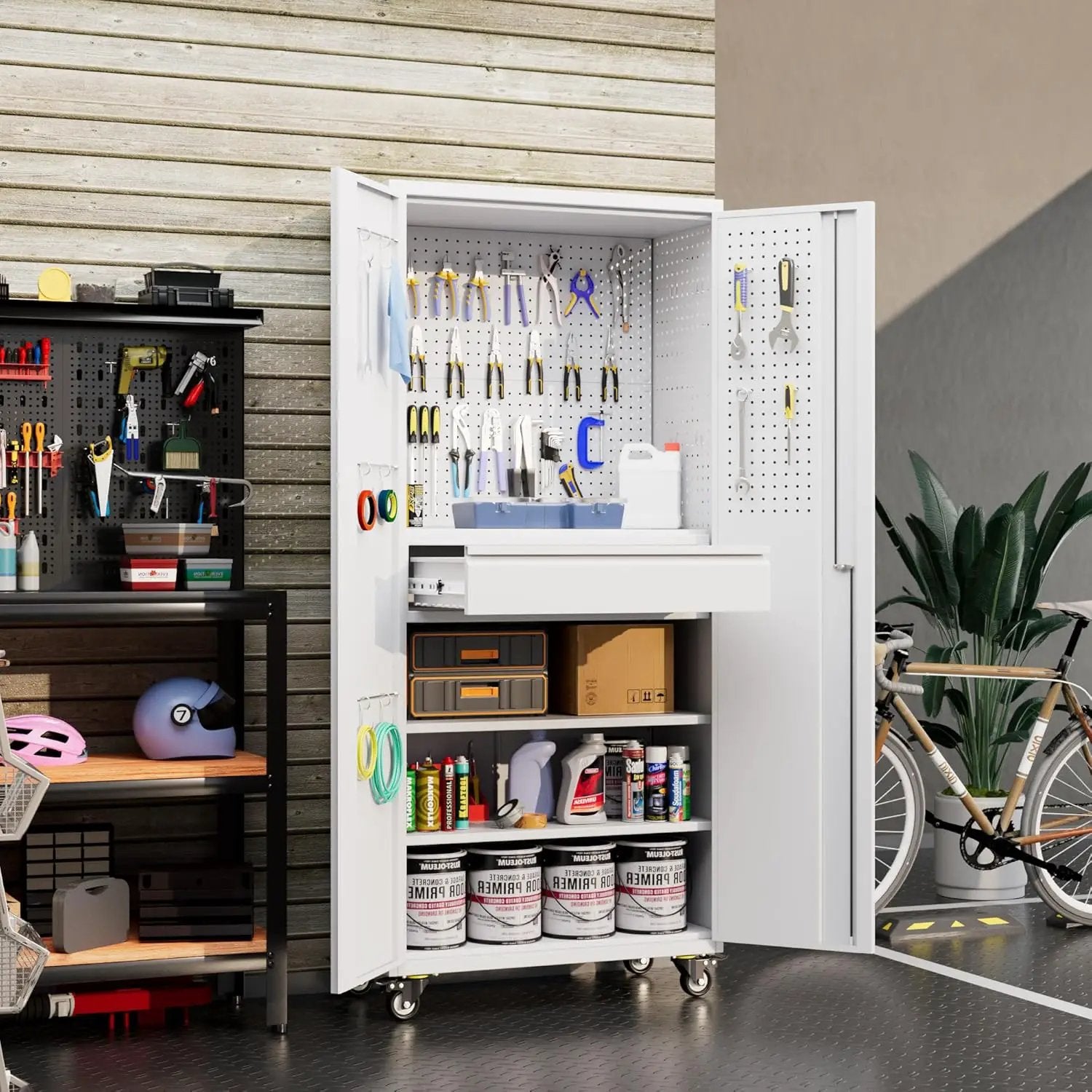 Aobabo Metal Storage Cabinet with Wheels and 1 Interior Drawer, Steel Rolling Tool Cabinet with 16 Hooks and 2 Adjustable Shelves for Garage, Home, Office, Kitchen Assembly Required, White by GreenHaven Gardens