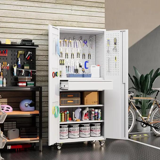 Metal Garage Cabinet with Wheels,71''H Rolling Lockable Steel Tool Cabinet with Pegboard & Drawer for Garage,Home,Office Assembly Required,White by GreenHaven Gardens