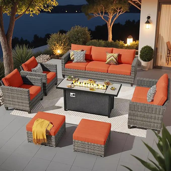 ovios 7 Pieces Patio Furniture Set with 54" Fire Pit Table, Outdoor Wicker Sofa with Comfy Cushions, All Weather High Back Rattan Couch Conversation Set, Orange Red by GreenHaven Gardens
