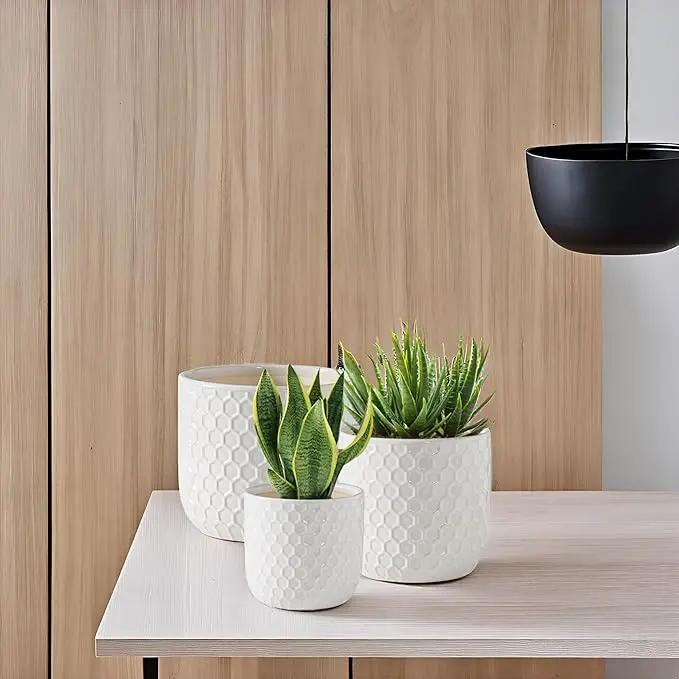 Docrin Plant Pots Indoor with Drainage: 6.4+5.3+4 Inch Ceramic Flower Pots for Plants - Set of 3 Modern Decorative Planters for House/Office/Gift - White Honeycomb by GreenHaven Gardens