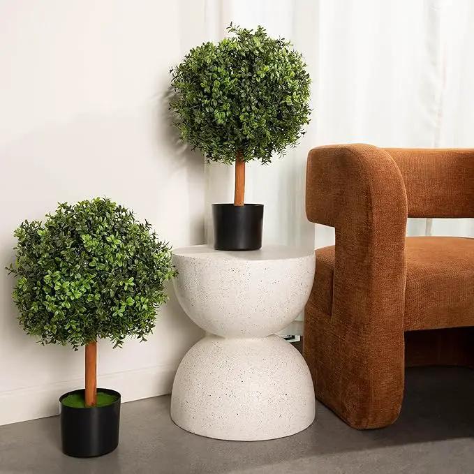 Premium 14" Diameter Artificial Boxwood Topiary – Set of 2 Faux Plants in Black Decorative Planters – UV-Resistant, Weatherproof, Realistic Outdoor & Indoor Greenery Accent by GreenHaven Gardens