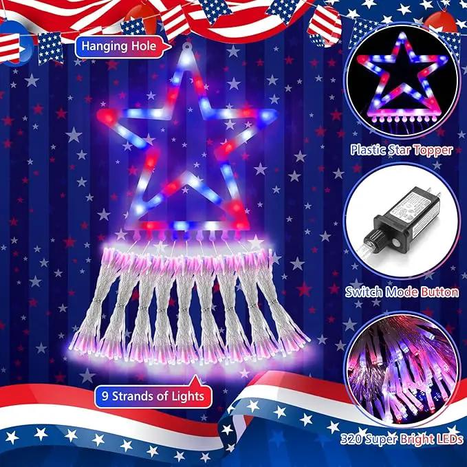 4th of July Decorations Lights, Red White Blue String Lights 320 LED 11.5 Ft Flag Stars Patriotic Light with Big Star Topper Waterproof 8 Light Modes for Indoor Outdoor Memorial Day Independence Day by GreenHaven Gardens