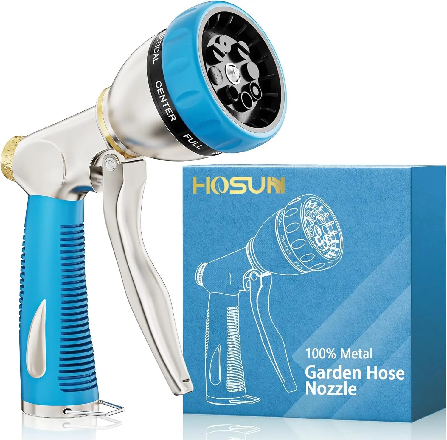 HOSUN Garden Hose Nozzle Sprayer Heavy Duty, 100% Metal Water Hose Nozzle with 8 Spray Patterns, High Pressure Hose Spray Nozzle with Non-Slip Grip for Watering Plant & Lawn, Washing Car & Pet, Blue by GreenHaven Gardens