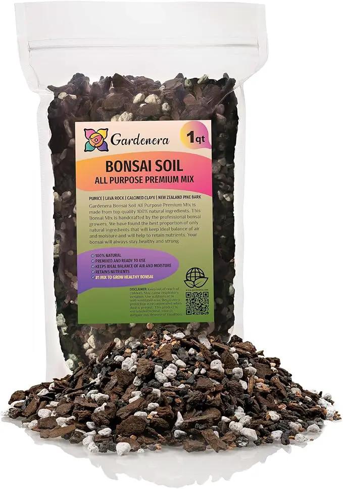 Premium Bonsai Soil All Purpose Fast Draining Mix - Pumice, Lava, Calcined Clay and Pine Bark Potting Pre Mixed Bonsai Plant Soil Mixture by GARDENERA - Made in USA - (1 Quart Bag) by GreenHaven Gardens