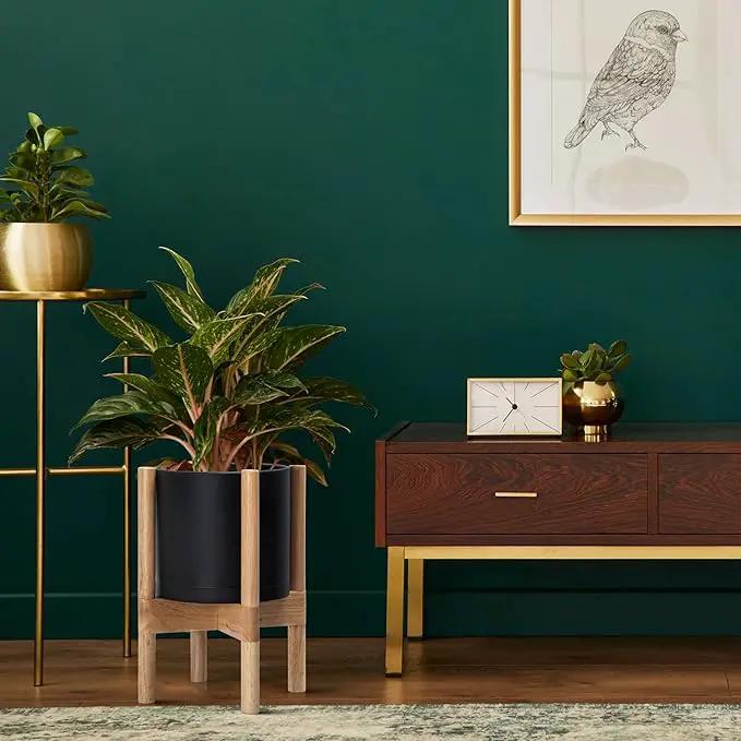 D'vine Dev Planter Pot with Stand - 8 Inch Plastic Cylinder Flower Pot with Wood Planter Holder for Indoor, Matte Black Pot + Natural Stand, 55-C-J-2 by GreenHaven Gardens