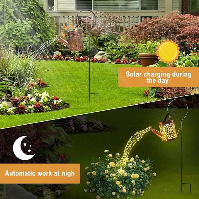 Solar Watering Can with Lights, Outdoor Garden Decor, Hanging Lantern Waterproof, Metal Solar Waterfall Lights for Yard Patio by GreenHaven Gardens