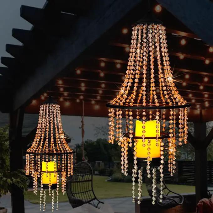 Hanging Candle Chandelier Outdoor, Battery Operated Clear Acrylic Beaded Chandelier with Flickering Led Candle Light S Hooks Modern Lantern for Garden Yard Patio Gazebo Room Indoor Decorations, 28”H by GreenHaven Gardens