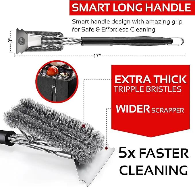 KITCHEN PERFECTION Safe Wire Grill Brush for Outdoor Grill w/Grill Scraper & Grill Mat Grill Cleaning Kit -Extended Handle BBQ Brush for Effortless Grill Cleaning Grill Cleaner Brush Barbecue Tools by GreenHaven Gardens