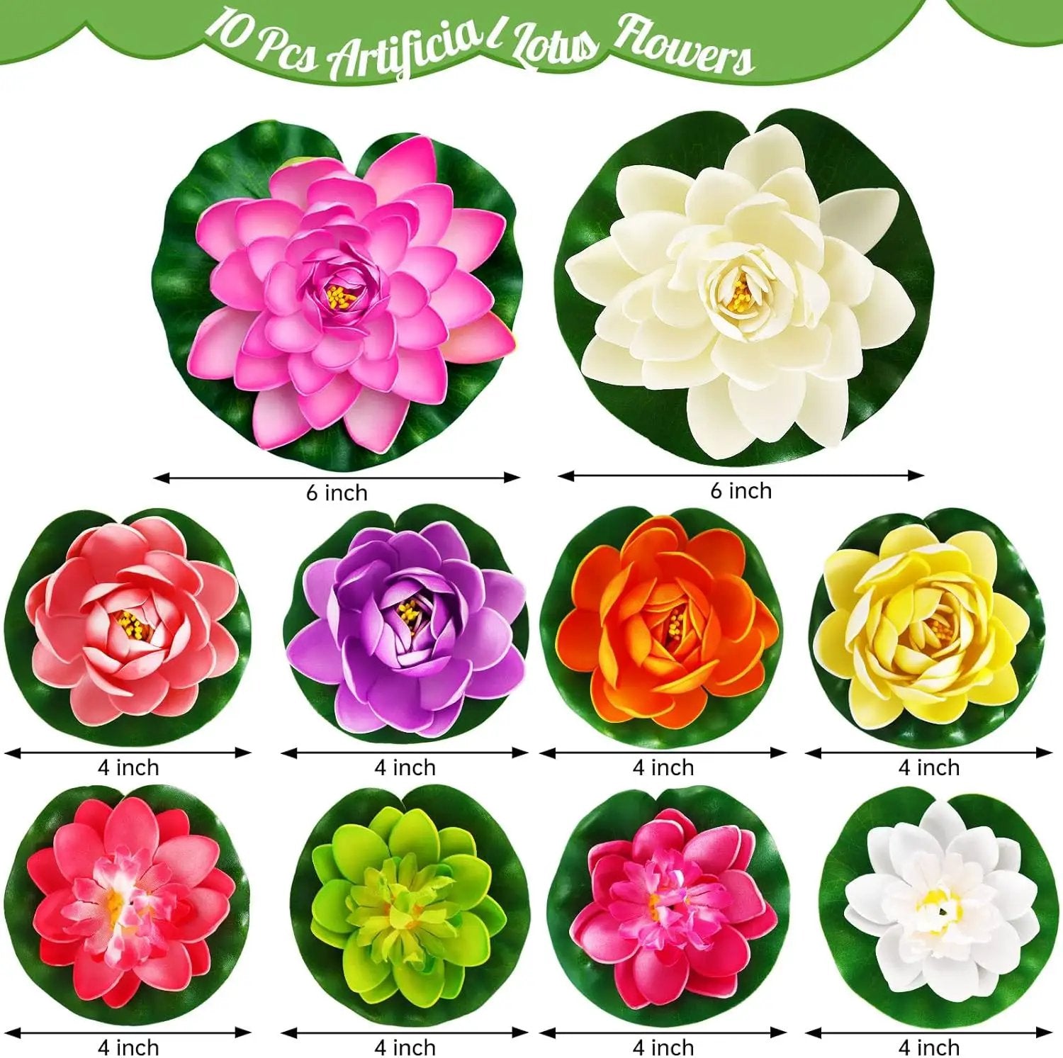 Artificial Lotus Flowers Water Lilies for Pond Pool, 10 Pcs Realistic Floating Foam Lotus Flowers with Lily Pads for Ponds, 4" and 6" Large Lifelike Water Lilies for Fountain Garden Pond Decoration by GreenHaven Gardens