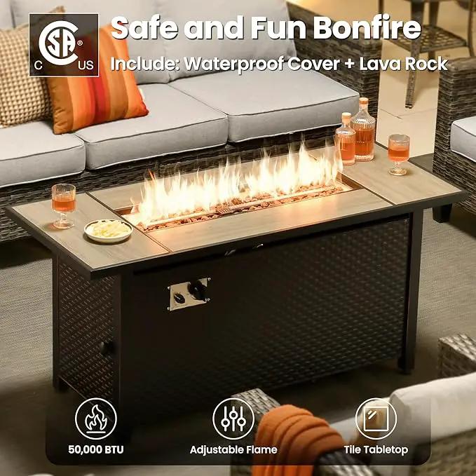 ovios 6 Pieces Patio Furniture Set with 54" Fire Pit Table, Outdoor Wicker Sofa with Comfy Cushions, All Weather High Back Rattan Couch Conversation Set, Grey by GreenHaven Gardens