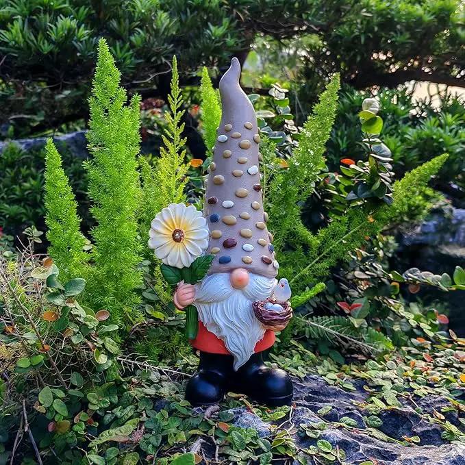 12 Inch Solar Garden Gnome Statue Clearance with Sunflower and Bird's Nest Light – Outdoor High Hat Gnome Sculpture Outdoor Statue for Patio and Garden Decor – Figurine Gift for Gnome Lovers by GreenHaven Gardens