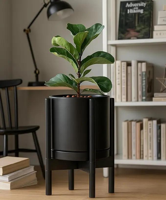 D'vine Dev Ceramic Planter with Ebony Stand - 10 Inch Modern Round Flower Pot with Wood Planter Holder, Black, 55-B-L-2 by GreenHaven Gardens
