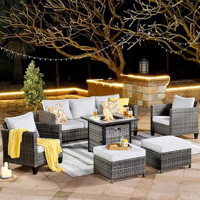 ovios 6 Pieces Patio Furniture Set with 30" Fire Pit Table, Outdoor Wicker Sofa with Comfy Cushions, All Weather High Back Rattan Couch Conversation Set, Grey by GreenHaven Gardens