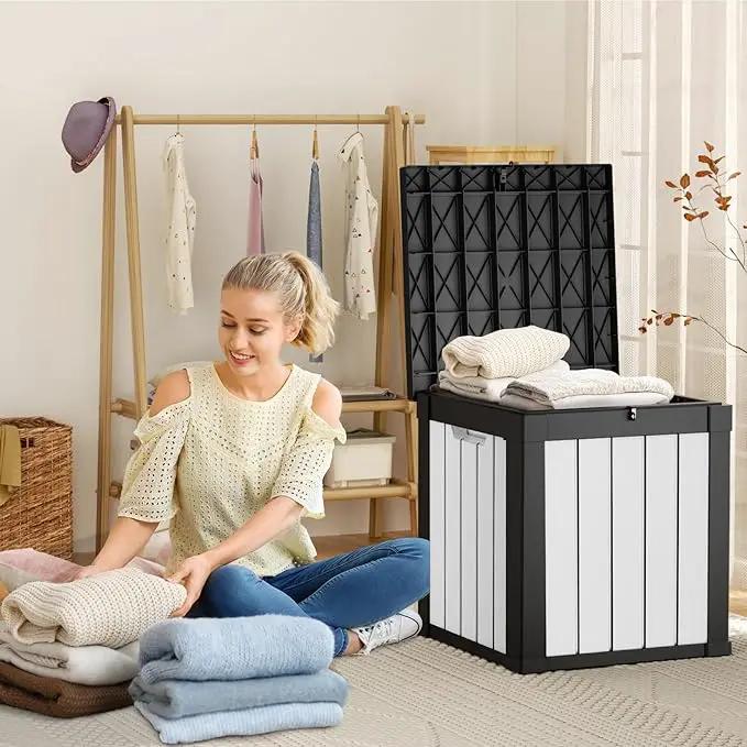40 Gallon Resin Deck Box, Lockable Patio Outdoor Storage Box for Furniture, Garden Tools and Tools Storage, Waterproof Outside Storage Boxes - Black&White by GreenHaven Gardens