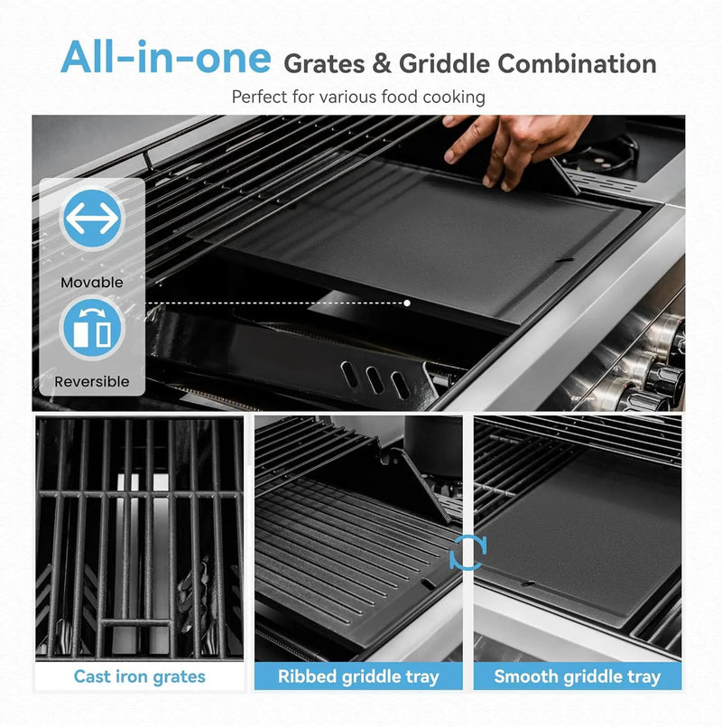 2 in 1 Propane Griddle Grill Combo, 6-Burner Propane Gas BBQ Combo Grill with Porcelain-Enameled Cast Iron Grates & Plate, 42,000 BTU with Side Stove for Outdoor Cooking Camping Patio Backyard by GreenHaven Gardens