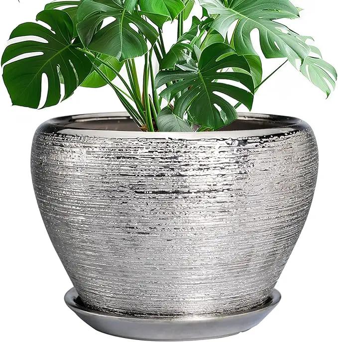 Flower Pot for Indoor Plants - Ceramic Planter 10 Inch Plant Pot with Drainage Hole and Saucer Large Decorative Planter Outdoor Mid-Century Planter for House Silver by GreenHaven Gardens
