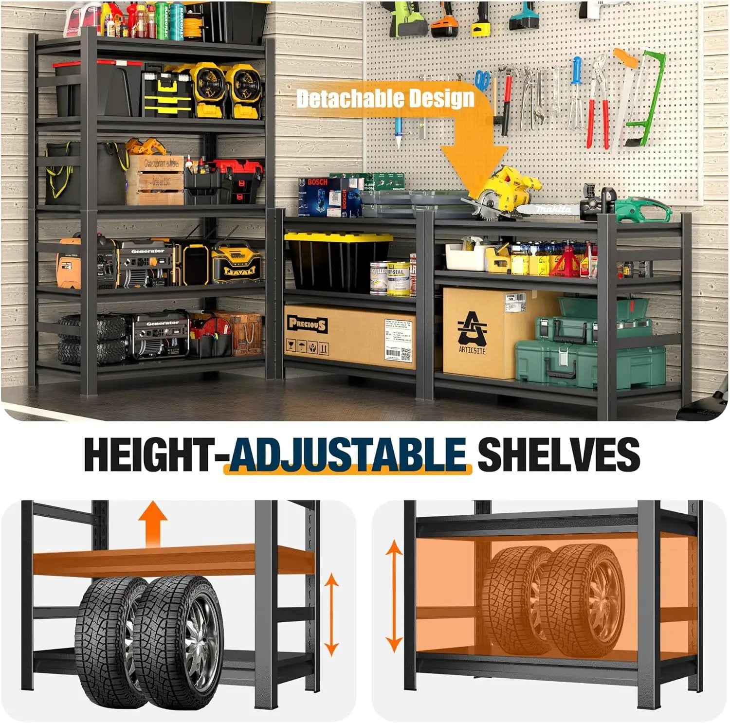 Heavy Duty Commercial Metal Garage Shelving Rack,Adjustable Industrial Steel Storage Shelves for Warehouse, Garage, Basement, 87" H x 47.2" W x 23.6" D, Black by GreenHaven Gardens