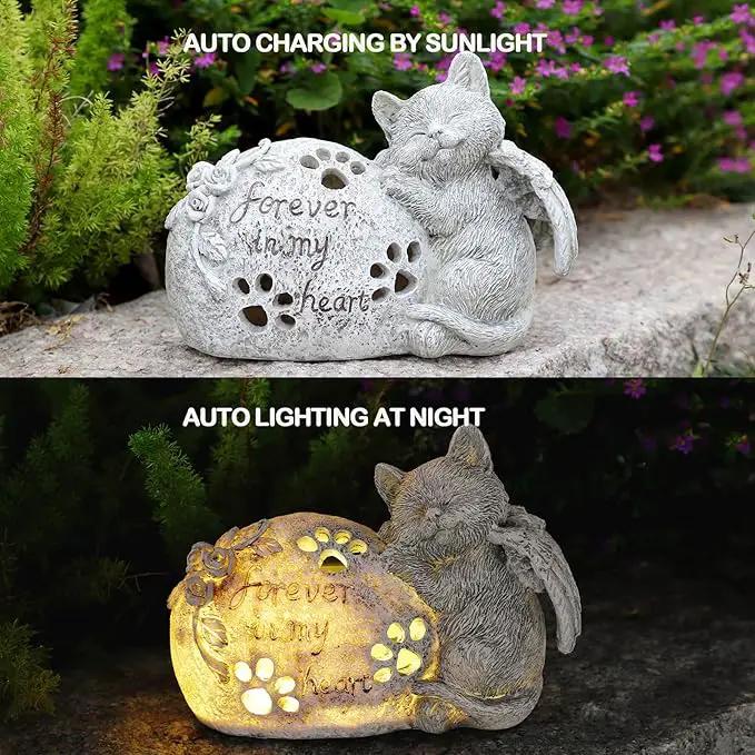 Cat Memorial Gifts Outdoor Statue with Solar Lights,Outdoor Resin Pet Ornament Grave Memorial Angel Decor Stone Effect by GreenHaven Gardens