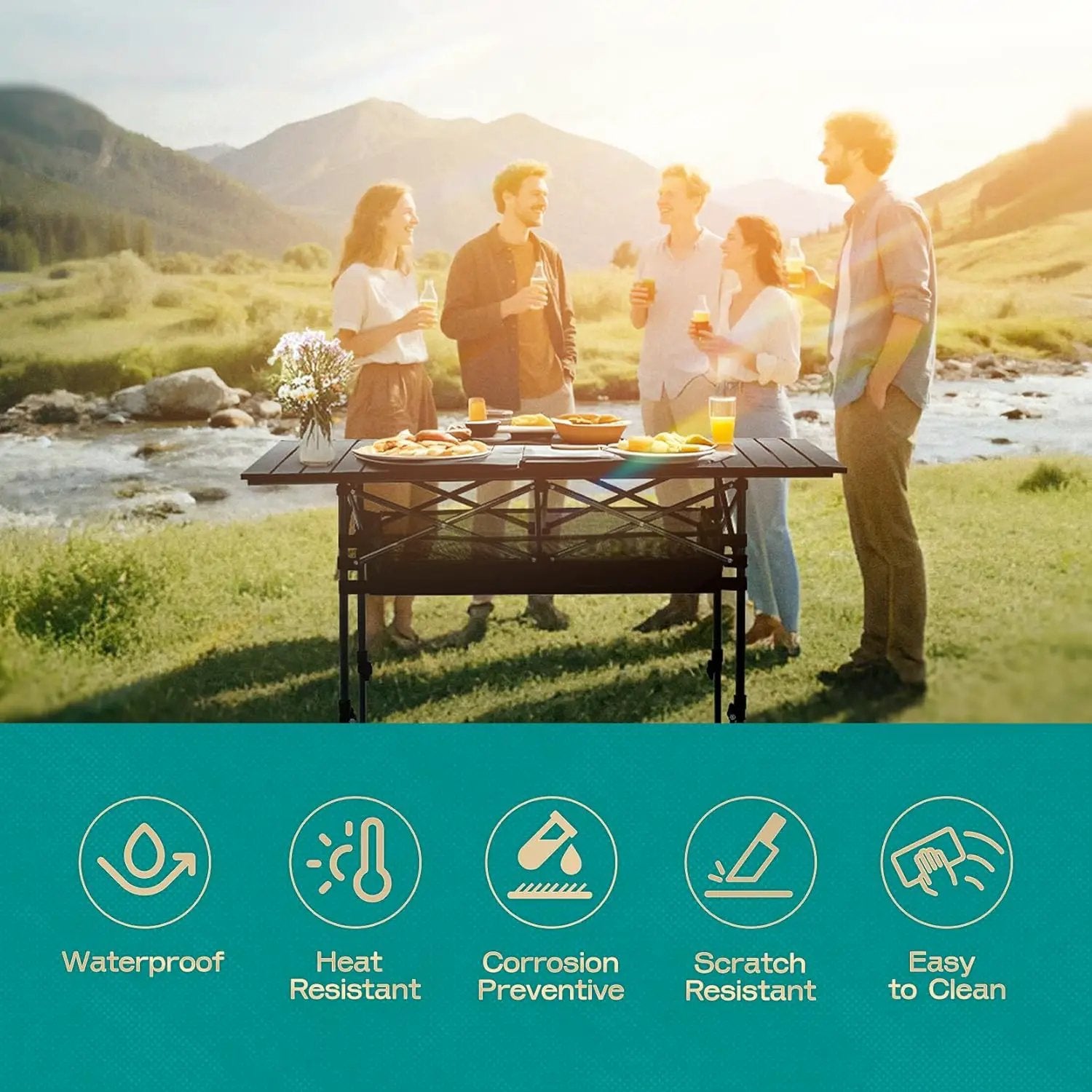 Height Adjustable Camping Table Tall Large Outdoor Folding Camping Table with Wide-Base Anti-Sink Legs & Carry Bag for Camping BBQ Beach Backyard (Black) by GreenHaven Gardens