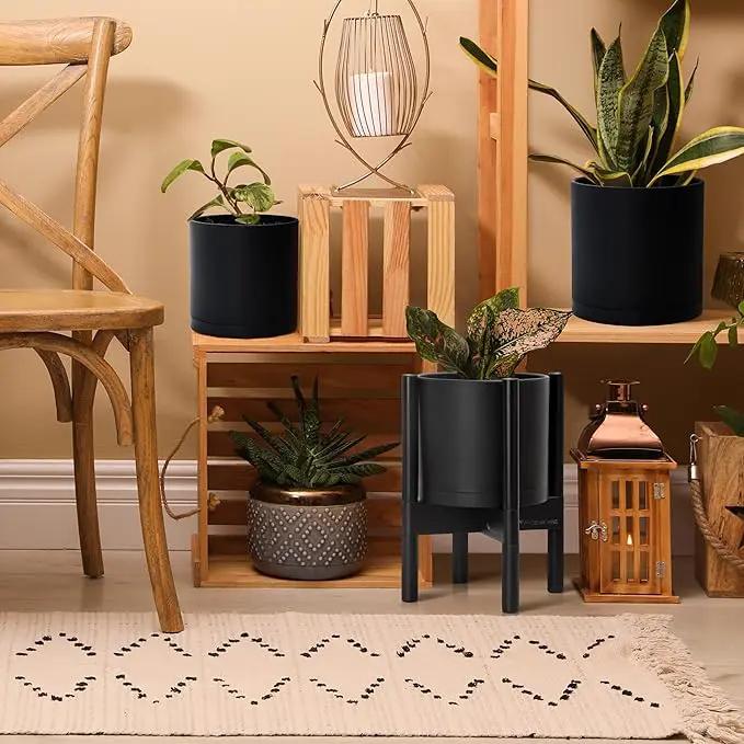 D'vine Dev Planter Pot with Stand - 8 Inch Plastic Cylinder Flower Pot with Wood Planter Holder for Indoor, Matte Black Pot + Ebony Stand, 55-C-K-2 by GreenHaven Gardens
