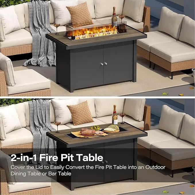 LAUSAINT HOME Propane Fire Pit Table 43 Inch with Lid, 55,000 BTU Gas Fire Pits for Outside Patio with Glass Wind Guard, Gray Glass Beads by GreenHaven Gardens