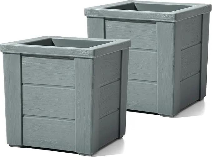 Step2 Lakewood Square Planter, Large Planters for Outdoor Plants, Gardening and Flower Pot for Patio or Porch, Efficient Drainage, Durable Plastic, Sage Gray, 2-Pack by GreenHaven Gardens