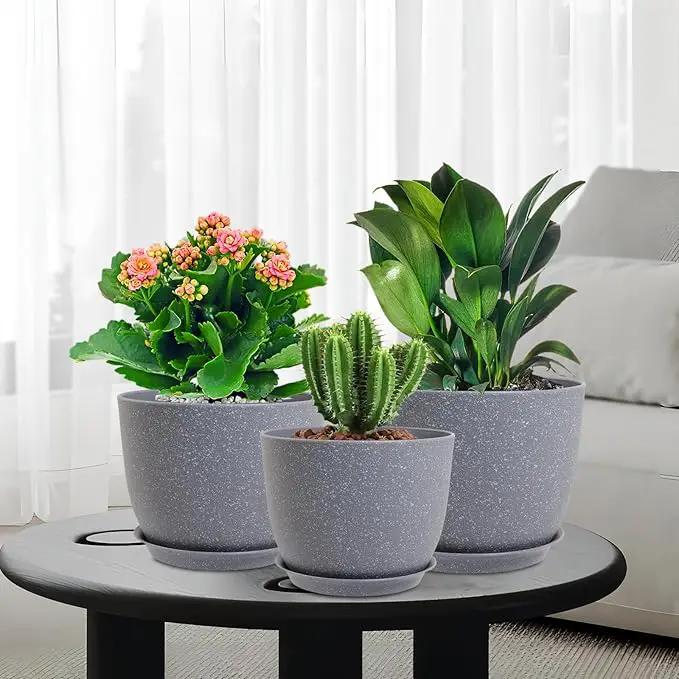 Flower Pots 9/8/7.5inch, Set of 3 Modern Decorative Plastic Planters with Drainage Holes and Saucers for Garden House Plants, Plant Pots for Indoor Outdoor Plants, Speckled Grey by GreenHaven Gardens