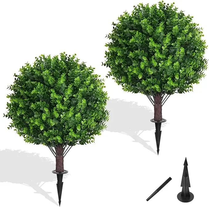 Artificial Eucalyptus Topiary Ball Trees with Ground Spike, Set of 2 UV Resistant Artificial Shrubs, Fake Evergreen Artificial Plant Bushes for Indoor Outdoor Front Porch Garden by GreenHaven Gardens