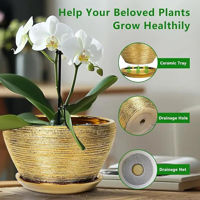 Ceramic Planter 13 Inch - Indoor Plant Pot with Drainage Hole and Saucer Large Ceramic Pot for Plants Mid-Century Decorative Modern Outdoor Flower Pot for Home Decor Gold by GreenHaven Gardens