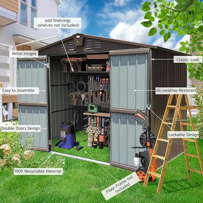 Domi Backyard Storage Shed 8.2’ x 6.2’ with Galvanized Steel Frame,Outdoor Garden Shed Metal Utility Tool Storage Room with Latches and Lockable Door for Balcony Lawn Poolside (Dark Brown) by GreenHaven Gardens