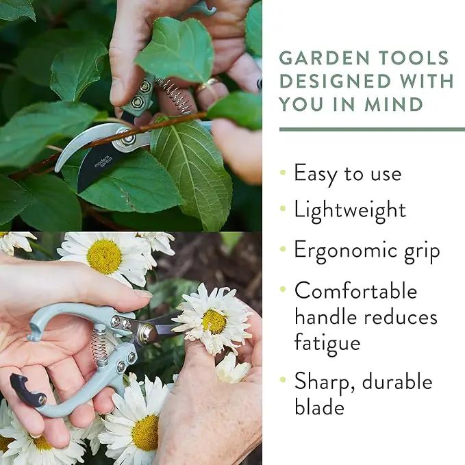 Modern Sprout Hand Pruners & Shears Set - Lightweight Gardening Tools W/Easy Lock - Sharp Carbon Steel Blades -Rust Resistant Scissors for Herbs, Flowers - Reusable Holster - Ocean by GreenHaven Gardens