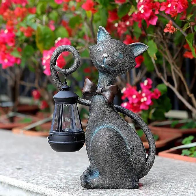 Whimsical Solar Cat Statue with Solar Lantern - Unique Outdoor Garden Decor for Patio, Balcony, and Yard Lights - Ideal Valentines Day Birthday Gifts for Mom, Grandma, Women, Men, and Cat Lovers by GreenHaven Gardens