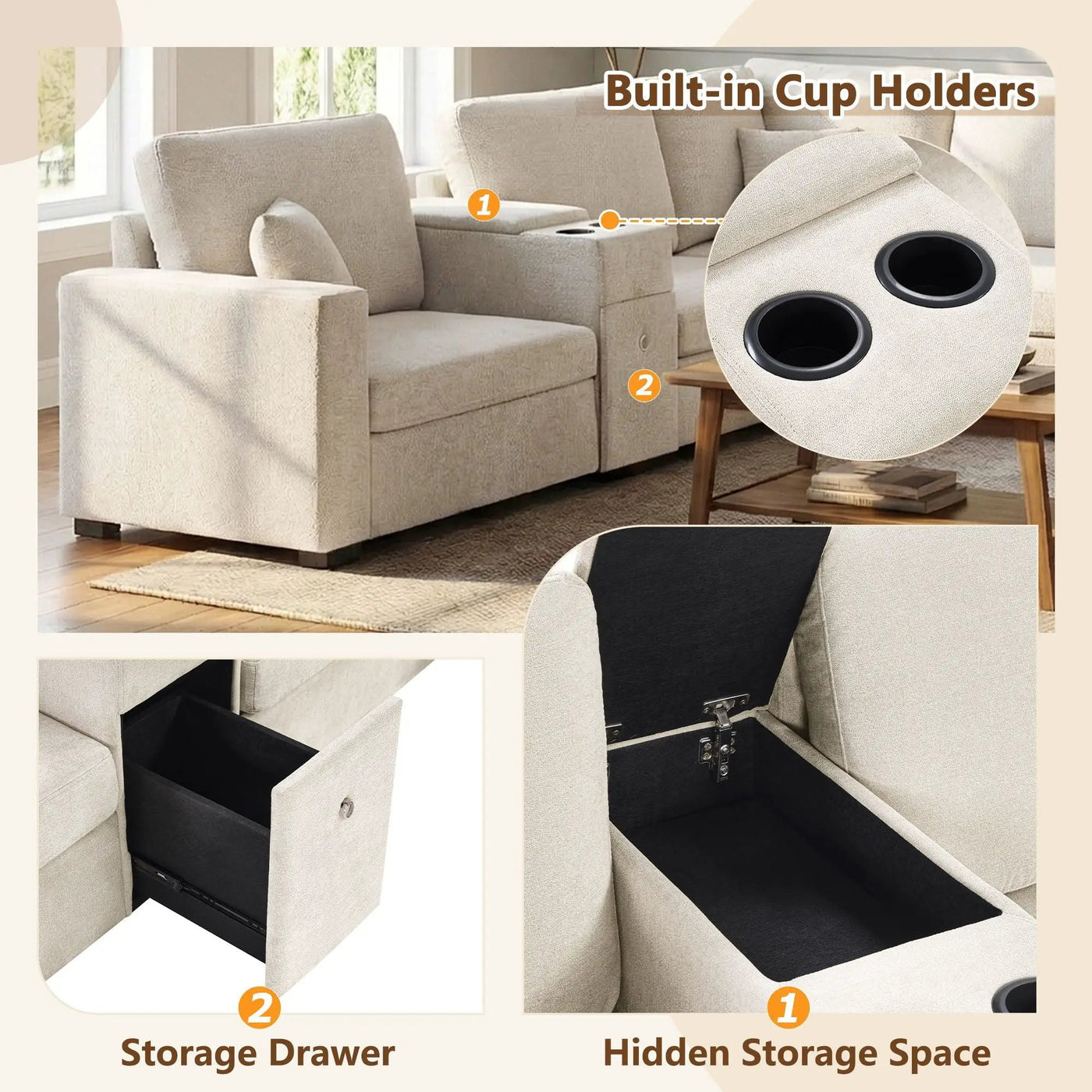 Modular 5 Seat U-Shape Sectional Sofa With Chaise Lounge, Built In Cup Holders And Storage Drawer by Unique Piece Furniture
