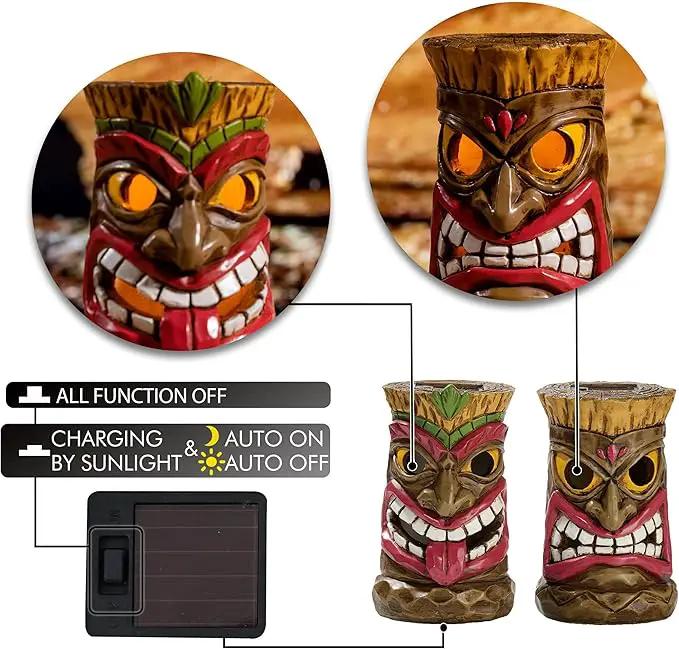 TERESA'S COLLECTIONS Tiki Head Garden Decor with Solar Outdoor Light, Set of 2 Tropical Hawaiian Tiki Torch Resin Christmas Decorations Garden Sculptures & Statues Yard Decor Thanksgiving Gifts 6" by GreenHaven Gardens