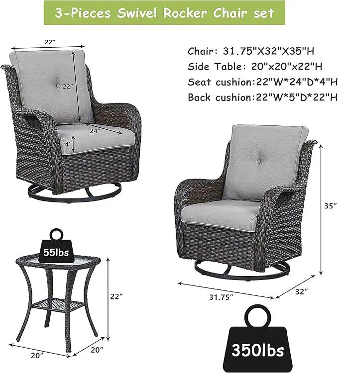 Outdoor Patio Swivel Rocker Chairs - 3 Piece Patio Bistro Set,Wicker Patio Furniture Set with 2 Swivel Rocking Chairs and 1 Glass Top Side Table for Deck Porch Garden,rown/Grey by GreenHaven Gardens