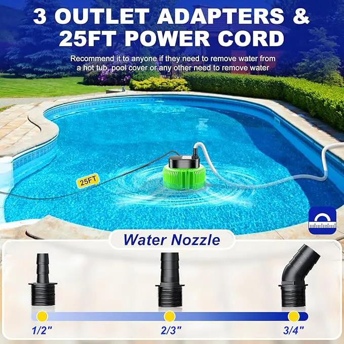 Pool Cover Pump above Ground-Submersible Sump Pump Swimming Water Removal Pumps, Sump Pump for Pool Draining with 16ft Drainage Hose & 25 ft Extra Long Power Cord,850 GPH,3 Adapters-Green by GreenHaven Gardens