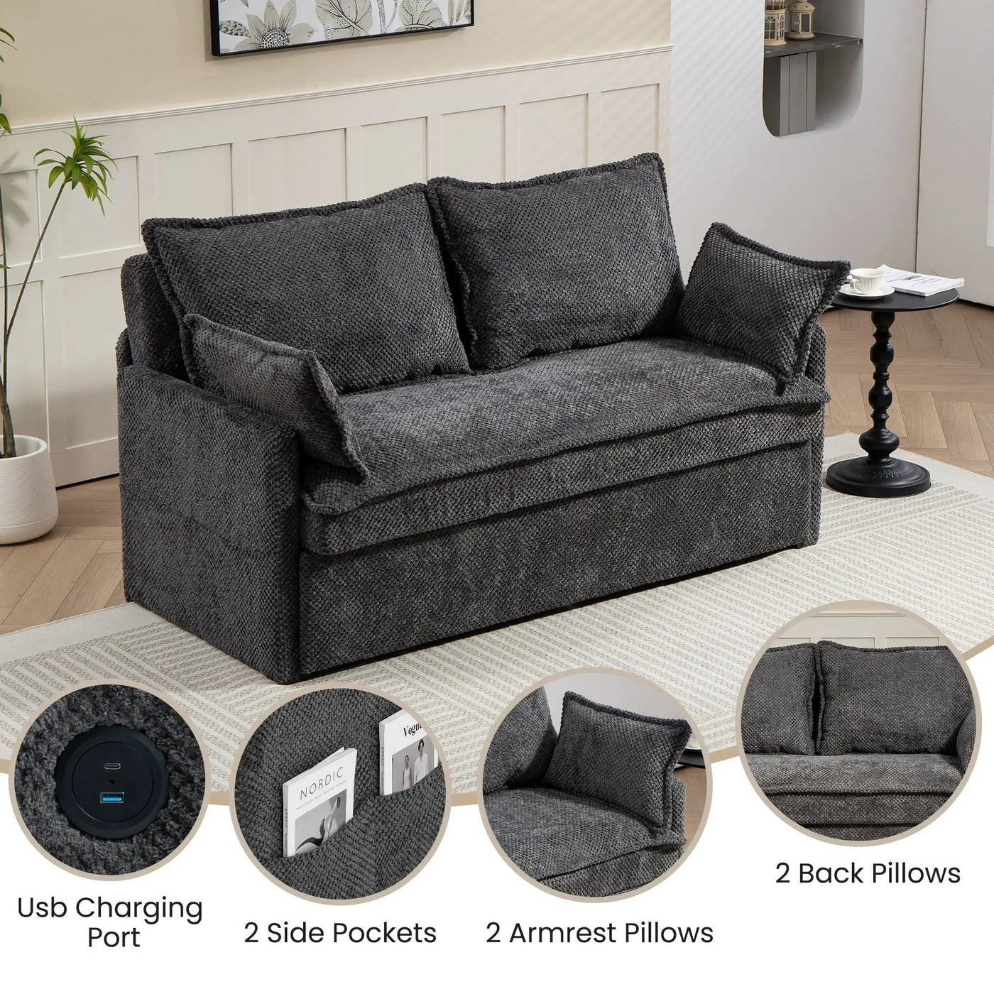 Pull Out Sofa Bed, Convertible Sleeper Sofa Couch, Side Storage, And USB / C - Type Charging Ports Chair by Unique Piece Furniture